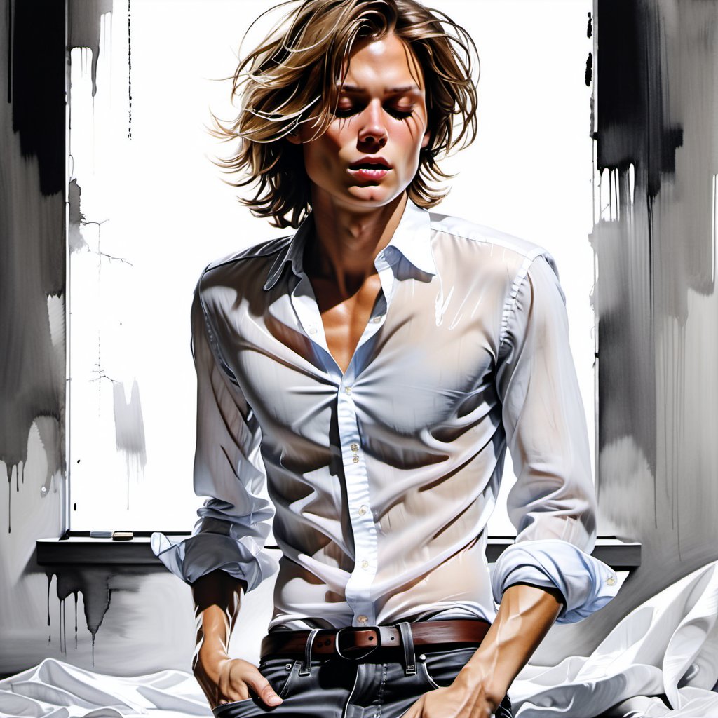 black and white painting, Duisburg, messy hair, guy, looks like Marcus Schenkenberg, wide open shirt, twenty years old, sleeping, tan skin, middle part hair, darkblonde hair, middle length hair, strands of hair on the face, closed eyes, lips opened, abs, open shirt, wide open shirt, wet white shirt, long sleeves rolled up, see through shirt, shirt stretched, shirt wide open so you can see the perfect body, shirt collar wide open, shirt opened up to the belly button, very tight fitting shirt, skin_tight-Shirt, bright shoulders, arrogant, shirt bottom in jeans, narcissistic, tight fitting jeans trouser, leather belt, sexy, tight shirt, lying on floor,  Extremely Realistic,Sketch