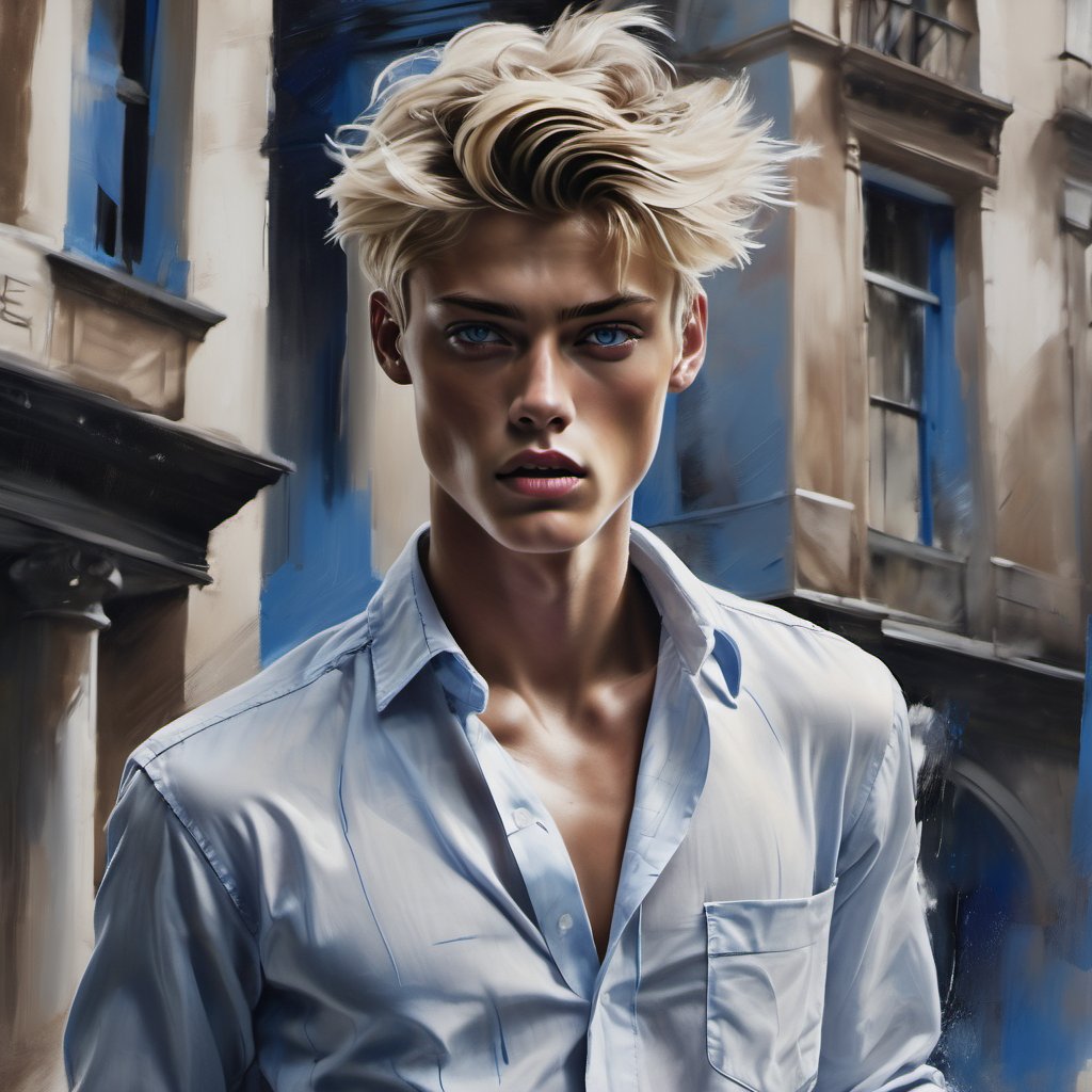 black and white painting, guy, looks like Lucky Blue Smith, reminiscent of Lucky Blue Smith, short hair, blonde hair, messy hair, hairs shaved on side, blue eyes, sportive, sexy, hot, tan, adult, twenty years old, middle part, wide open shirt, white shirt, long sleeves rolled up, shirt collar wide open,  tight shirt,  shirt stretches over body, arrogant, sexy, seductive, lascivious pose, wet shirt, sleep, skin fit, abs, sleep, see through shirt, jeans trouser, outside, city, people,


,Movie Poster,Sketch