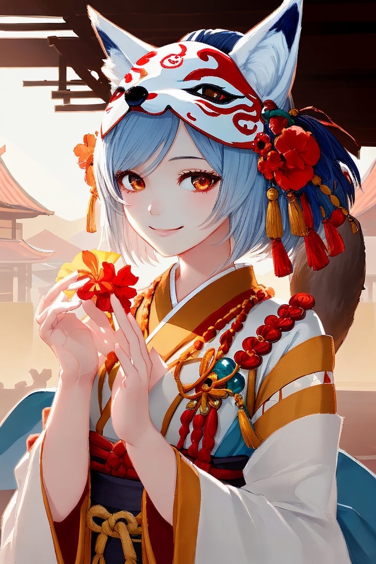 A Lovely girl wearing fox mask, smile, loose traditional clothes, jewel-like eyes, smooth fair skin, sunlight, high saturation, edge lighting.  Onmyoji, rich details, glow, by kawacy