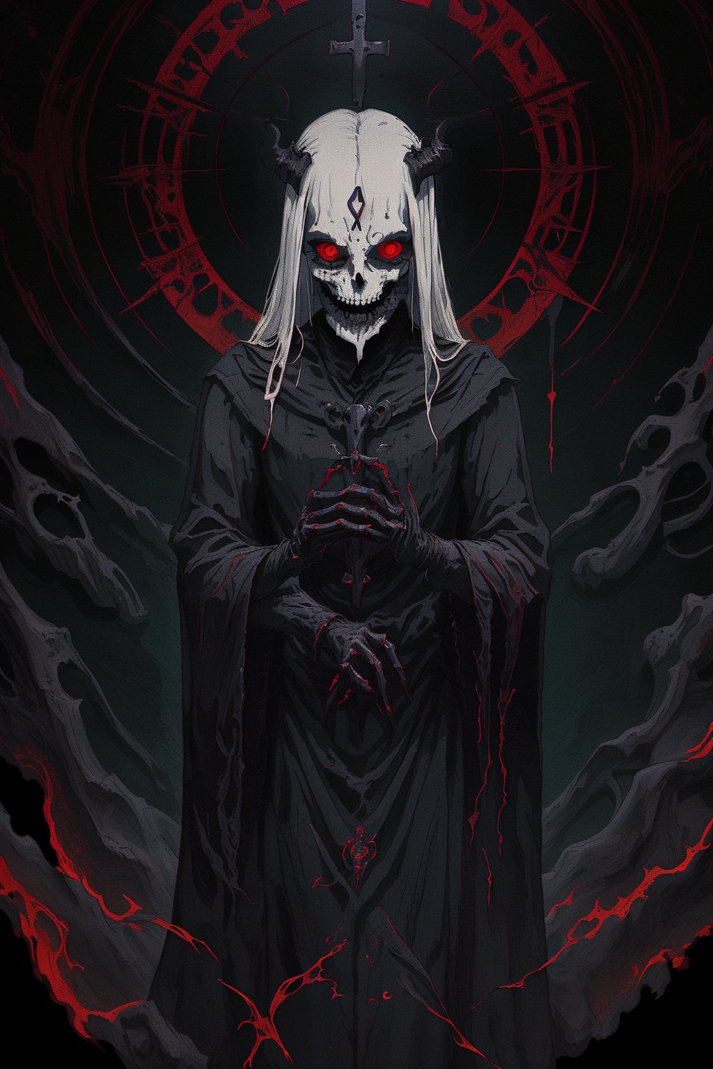 A Gothic fashion-inspired cult priest,skull Head Demon,
 with a horror twist exudes an aura of dark elegance and sinister mystique. Cloaked in flowing robes adorned with occult symbols, his attire hints at forbidden rituals and arcane knowledge With pale,skll,nodf_lora, leviathan cross  on clothes, red flaming eyes, 