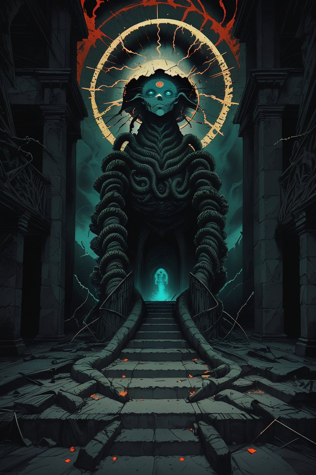 A lone figure ascends a crumbling stone staircase that leads to a colossal eye in the sky, representing the unknown. Serpents coil around the steps, while ethereal flames light the way. The scene is suffused with an eerie glow as arcane symbols pulse with power in the shadows.,nodf_lora, 