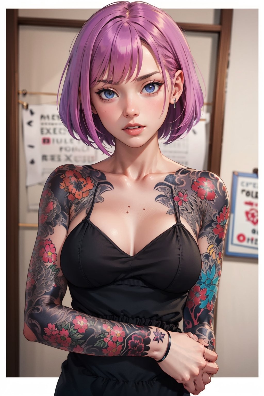 Woman, full tattooed throat arms and chest, Short hair, Bobcut, Bangs, Multicolor hair, Pink hair, Purple hair, ,tattoo