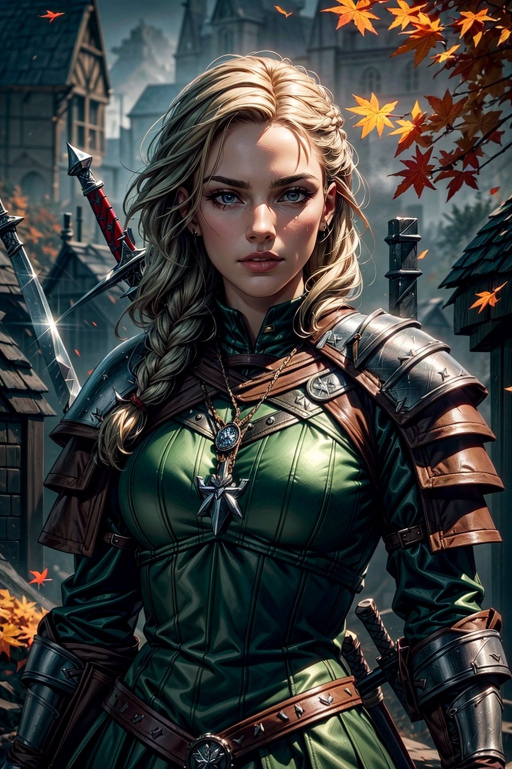 Masterpiece, beautiful details, perfect focus, uniform 8K wallpaper, high resolution, exquisite texture in every detail, Female witcher, ginger hairl, braided hair, two swords on back, wolfhead medallion, witcher armor, Dimly lit, Foggy, Octane Render, Fantasy style, Dark souls style, wood, autumn, green glowing eyes, Masterpiece, 