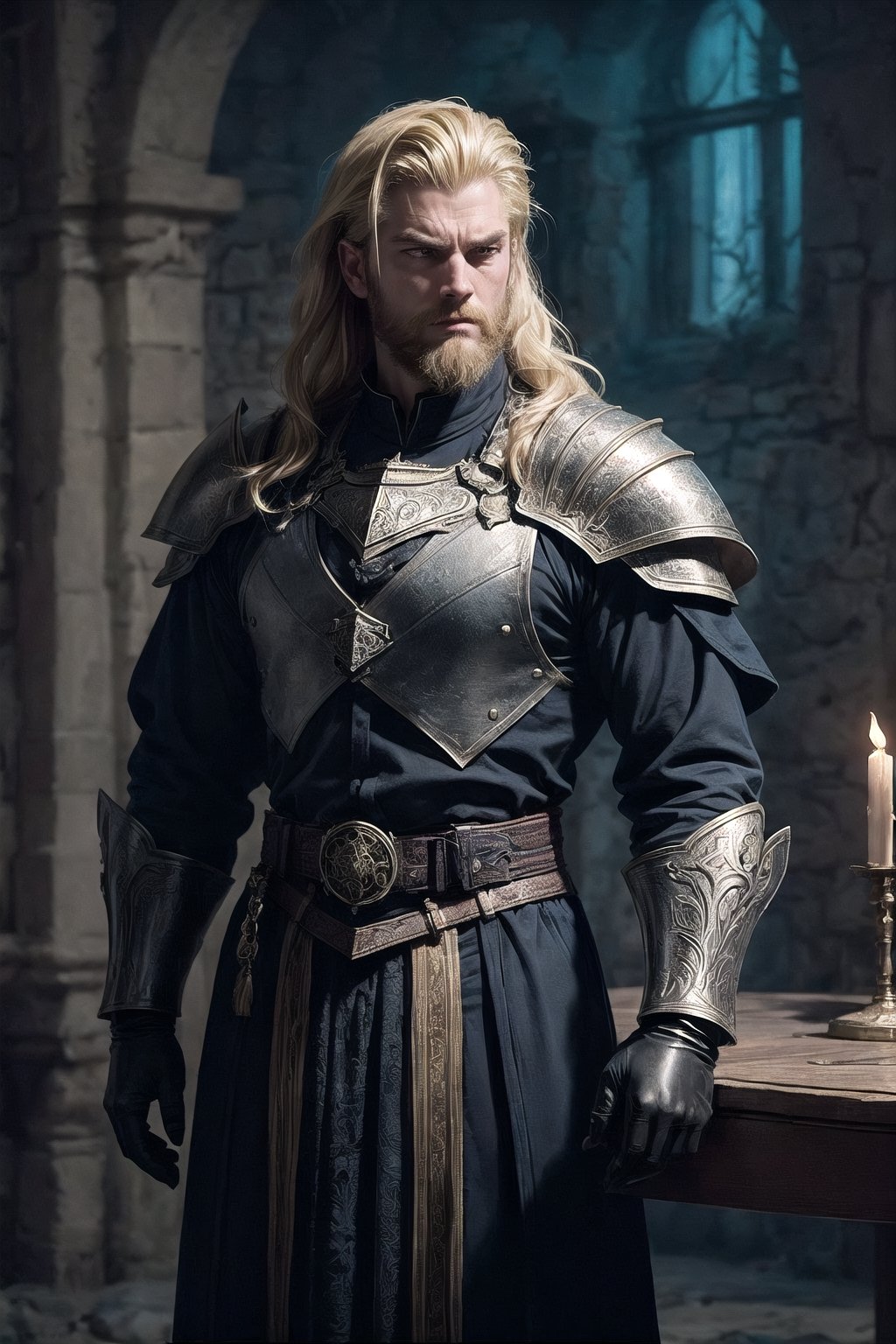 Who: Aldric Wolfenhaur, danish, a human paladin with a fair complexion, she is (((25 years old))).

Distance from camera: slightly elevated view from the front, capturing him in a commanding stance, full body.

Position: front facing,one foot slightly forward, as if in mid-stride. His sword is held loosely in one hand, the tip resting on the ground, while his other hand is raised in a calming gesture.

Details on the head: His ((tousled locks of blonde hair)), a full well-maintained beard adorns his jawline, adding to his commanding presence.

Human figure and its details: his muscular frame evidence of countless battles. His bearing is regal, his presence demanding respect.

Clothing and accessories:Clad in full layered plate armor of darkest steel,(((chestplate with multiple layers of overlapping plates))), Each layer is adorned with its own unique patterns, adding complexity to the overall design, engraved with (((celestial symbols and dark runes))), A cloak of deepest charcoal goes over his shoulders, adding an air of mystery to his ensemble, with leather gloves.

Location: he stands in is dimly lit room, with flickering torches casting dancing shadows along the stone walls. Heavy tapestries depicting ancient battles hang from iron rods, their colors faded with time. A large wooden table dominates the center of the room, strewn with maps and parchment scrolls. Dust motes float lazily in the air, catching the soft light that filters through narrow windows set high in the walls

Type of lighting: Soft and diffused, casting gentle highlights upon Aldric's features, emphasizing the determination in his eyes and the strength in his stance.

Style: dark fantasy, gothic, ((((best artpiece ever))))