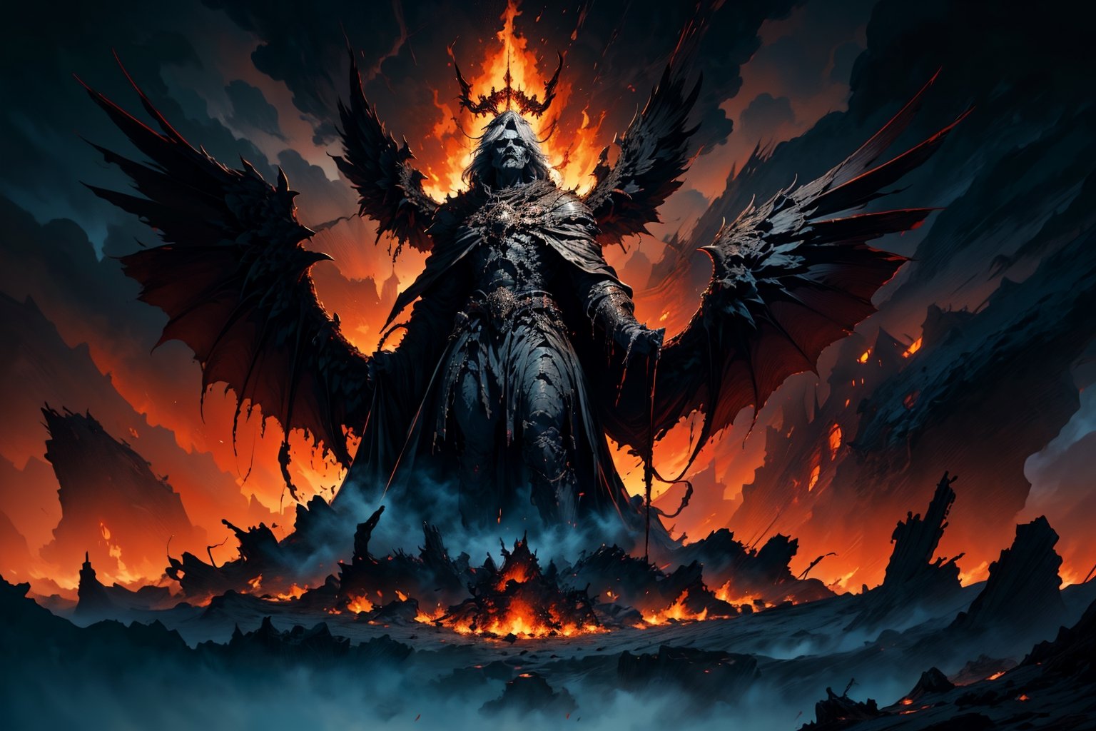 Masterpiece, beautiful details, perfect focus, uniform 8K wallpaper, high resolution, exquisite texture in every detail, a angel-like figure rising up above a burning castle and pouring thick ribbons of blood into a giant chalice. A monstrous beast stands guard and shields the arcane process from view with its black wings, nodf_lora