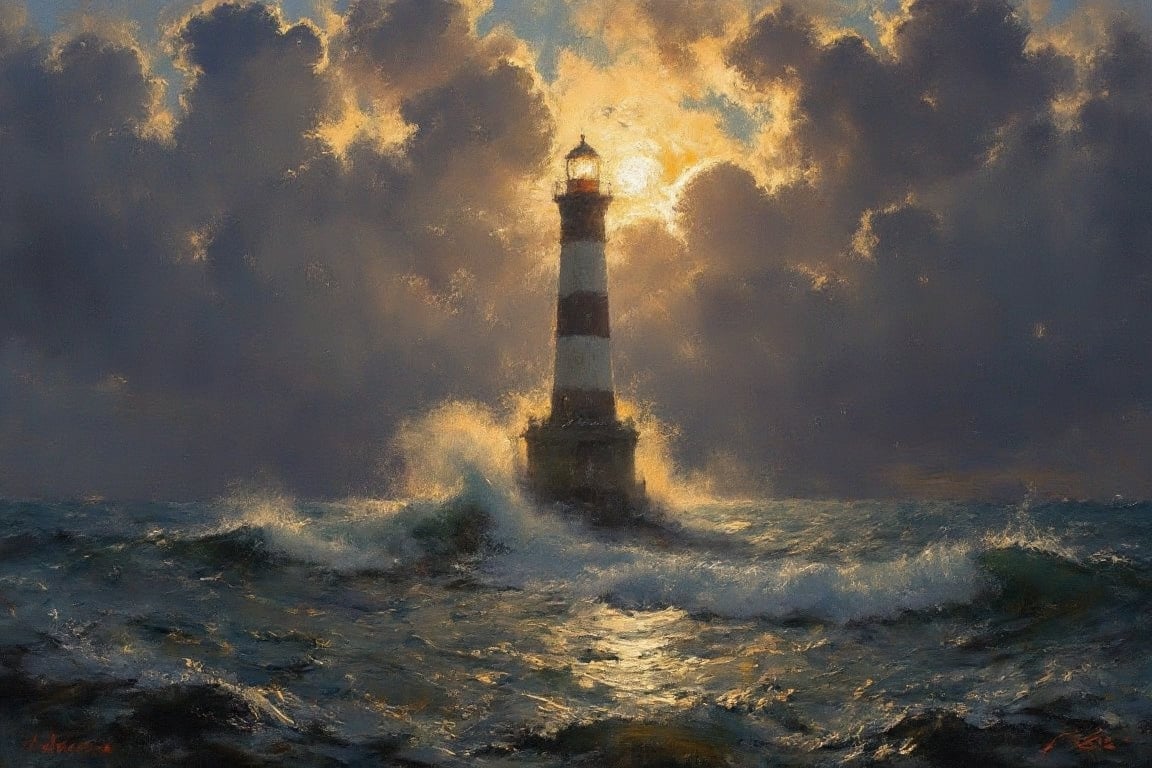 Majestic Lighthouse Amidst a Tempestuous Sea: A towering lighthouse stands tall and defiant against the darkened stormy skies, painted in deep, swirling strokes of oil, while waves crash violently at its base. Golden light radiates from the top, piercing through the chaos of the sea and sky. The play of light and shadow creates an ethereal glow, capturing the essence of struggle and resilience in a tumultuous landscape.oilpainting