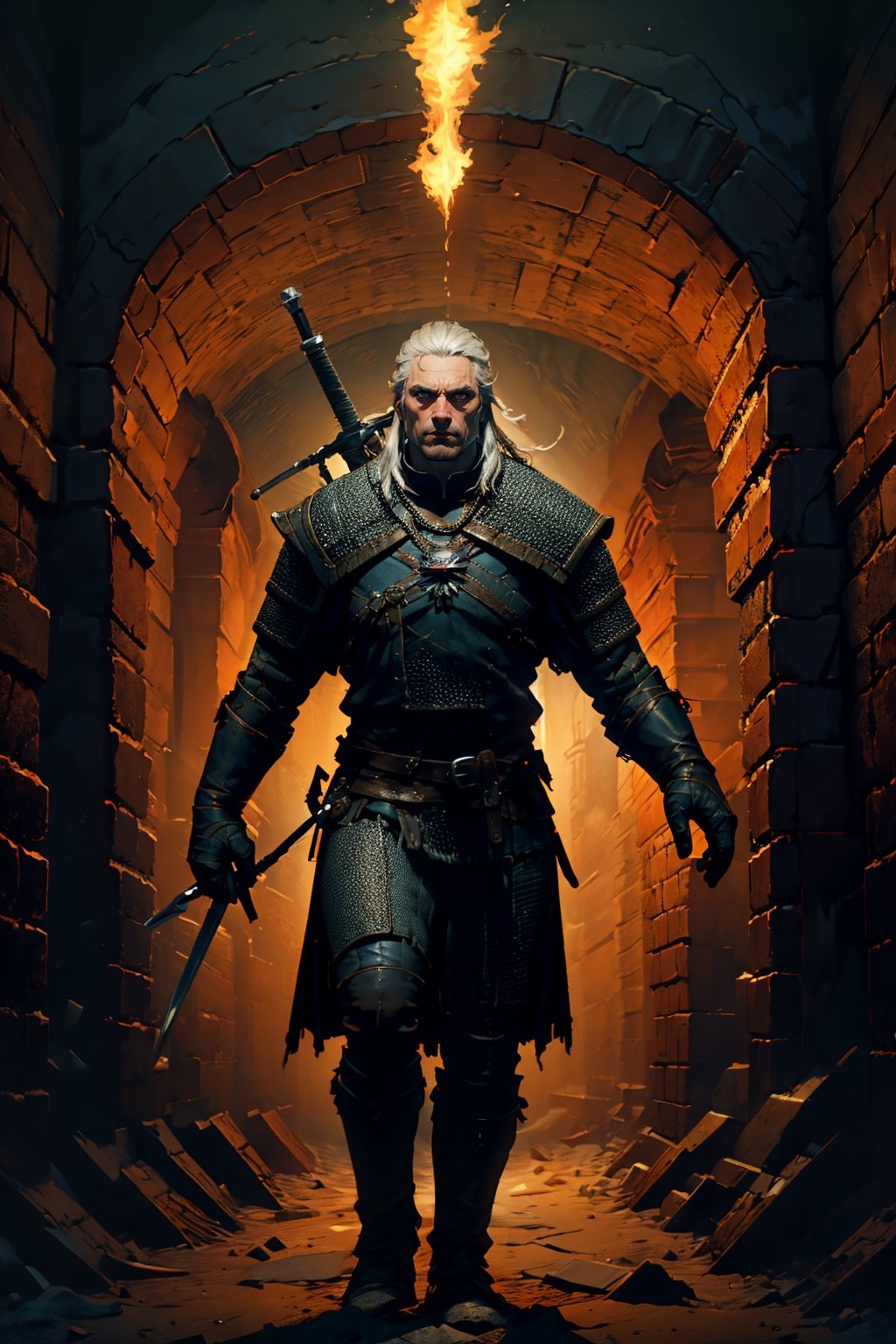 Masterpiece, beautiful details, perfect focus, uniform 8K wallpaper, high resolution, exquisite texture in every detail, The witcher walks through a foggy dark brick hallway, which is sparsely lit with torches hanging in holders on the wall, with his left hand he has drawn his silver sword and points it to the ground, the steel sword is in the sheath on his back,  a grim expression on his face, his medallion hangs visibly around his neck, his eyes glow slightly red through the darkness, view from the front, full body, nodf_lora,  beard,  yellow eyes,  armor,  chainmail ,