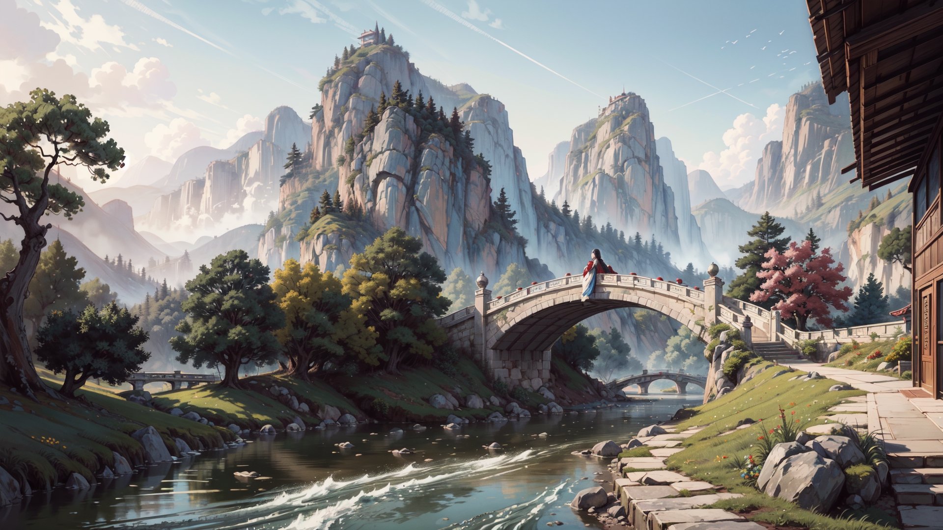 (masterpiece, best quality, highres, ultra detailed, detailed background:1.2),Disney style,64k, ultra-detailed, ultra-accurate detail, bokeh lighting, near perfect, dynamic, highly detailed,pure background,Chinese landscape painting style, small bridge, flowing water,pastelbg