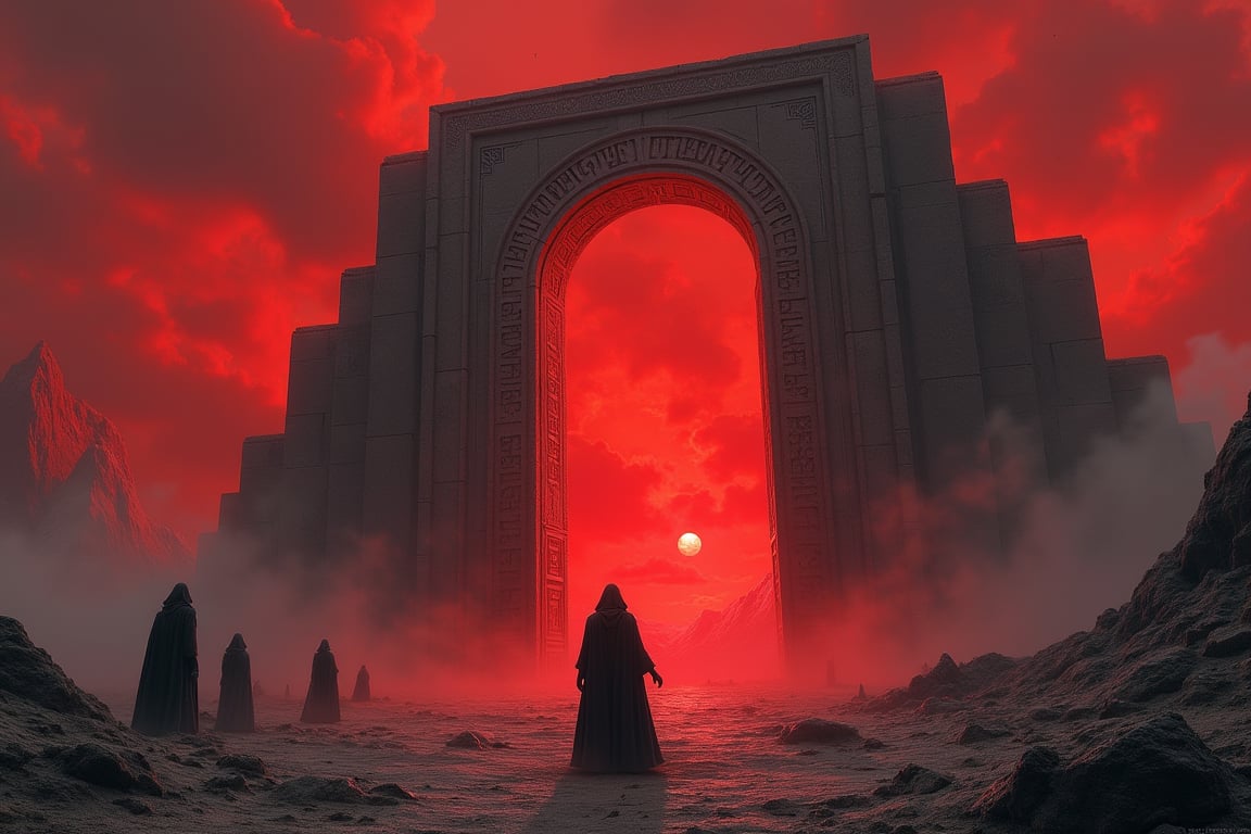 A desolate landscape beneath a blood-red sky, where a figure clad in dark robes stands before a massive, ancient stone gate inscribed with glowing runes. The gate opens into a void filled with swirling mists, and the figure extends their hand towards it, while shadowy figures linger in the background, watching silently