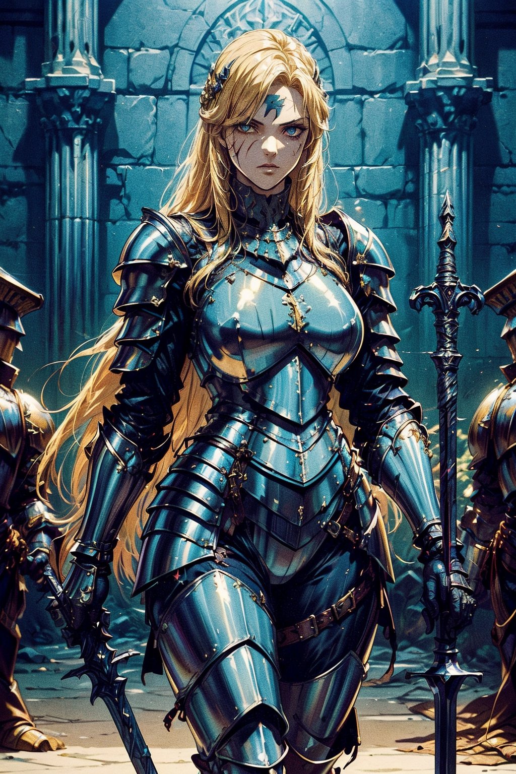 Masterpiece, beautiful details, perfect focus, uniform 8K woman 24 years old, french, paladin, ((((fully covered in form fitting steel platearmor)))), golden decorations, flowing silk armor, leather body suit under armor, blonde hair, ((scarred left eye)), She is holding a spear, (((dark medival fantasy artstyle))), full body, nodf_lora