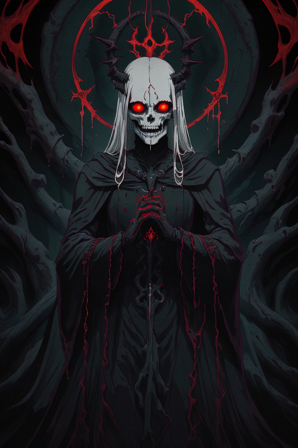 A Gothic fashion-inspired cult priest,skull Head Demon,
 with a horror twist exudes an aura of dark elegance and sinister mystique. Cloaked in flowing robes adorned with occult symbols, his attire hints at forbidden rituals and arcane knowledge With pale,skll,nodf_lora, leviathan cross  on clothes, red glowing eyes, 