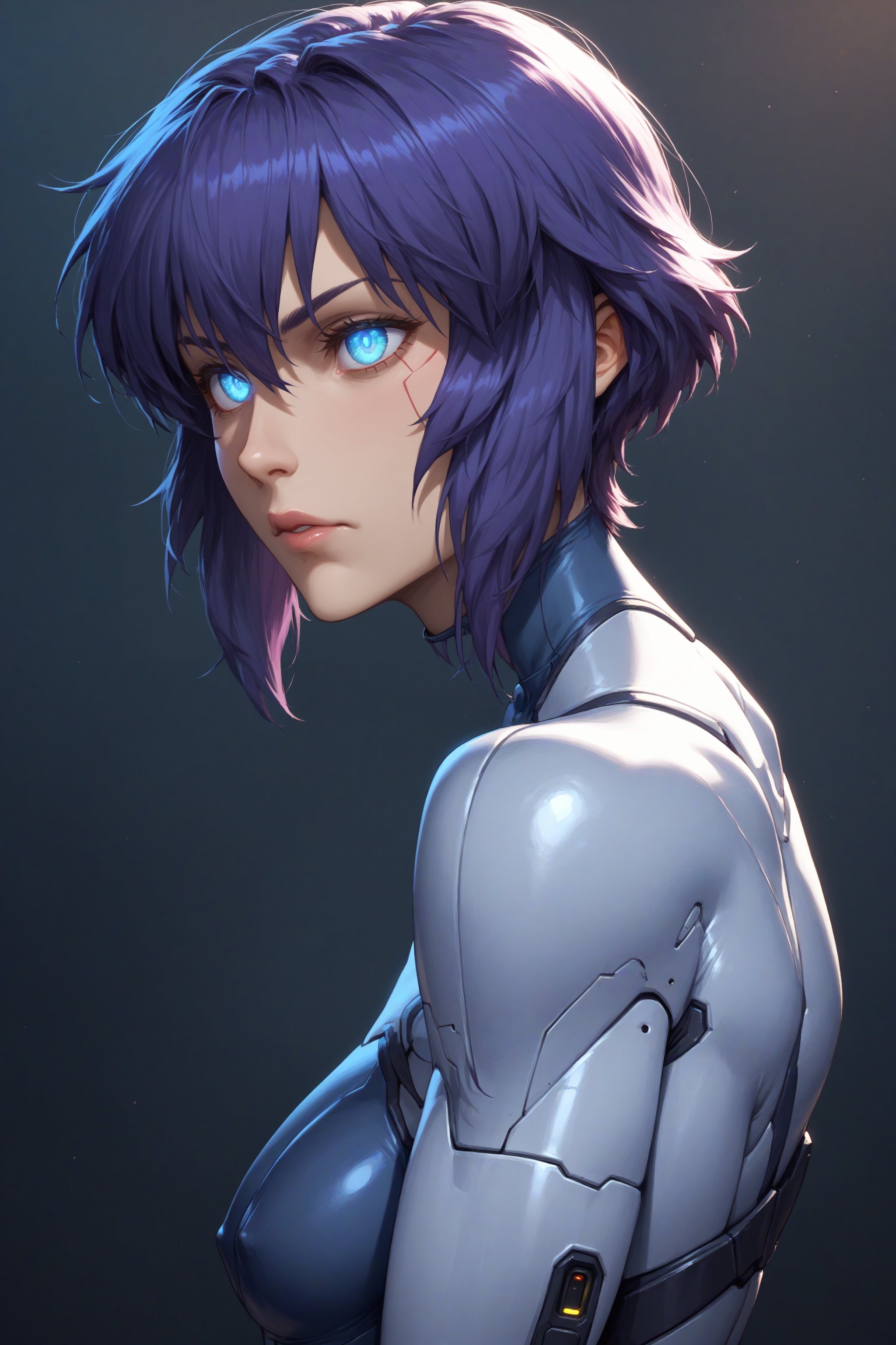 score_9, score_8_up, score_7_up, 

Ghost in the Shell, Motoko Kusanagi, grey blue robotic eyes, skin colored bodysuit, android, cyberpunk, bodybuilder, augmentation.
view from side