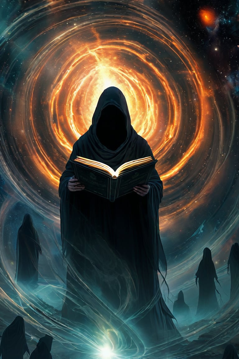 Cosmic Vortex: In a boundless, starless expanse, a dark void swirls with ominous shadows, punctuated by ethereal symbols that glimmer like distant stars. A hooded figure stands at the void's center, grasping an open tome whose pages shimmer with darkness and radiance. The figure's face remains concealed, but their eyes aglow, illuminate secrets of the cosmos. Faintly, ghostly apparitions rise from the abyss, set against a backdrop of swirling nebulae and distant celestial bodies.