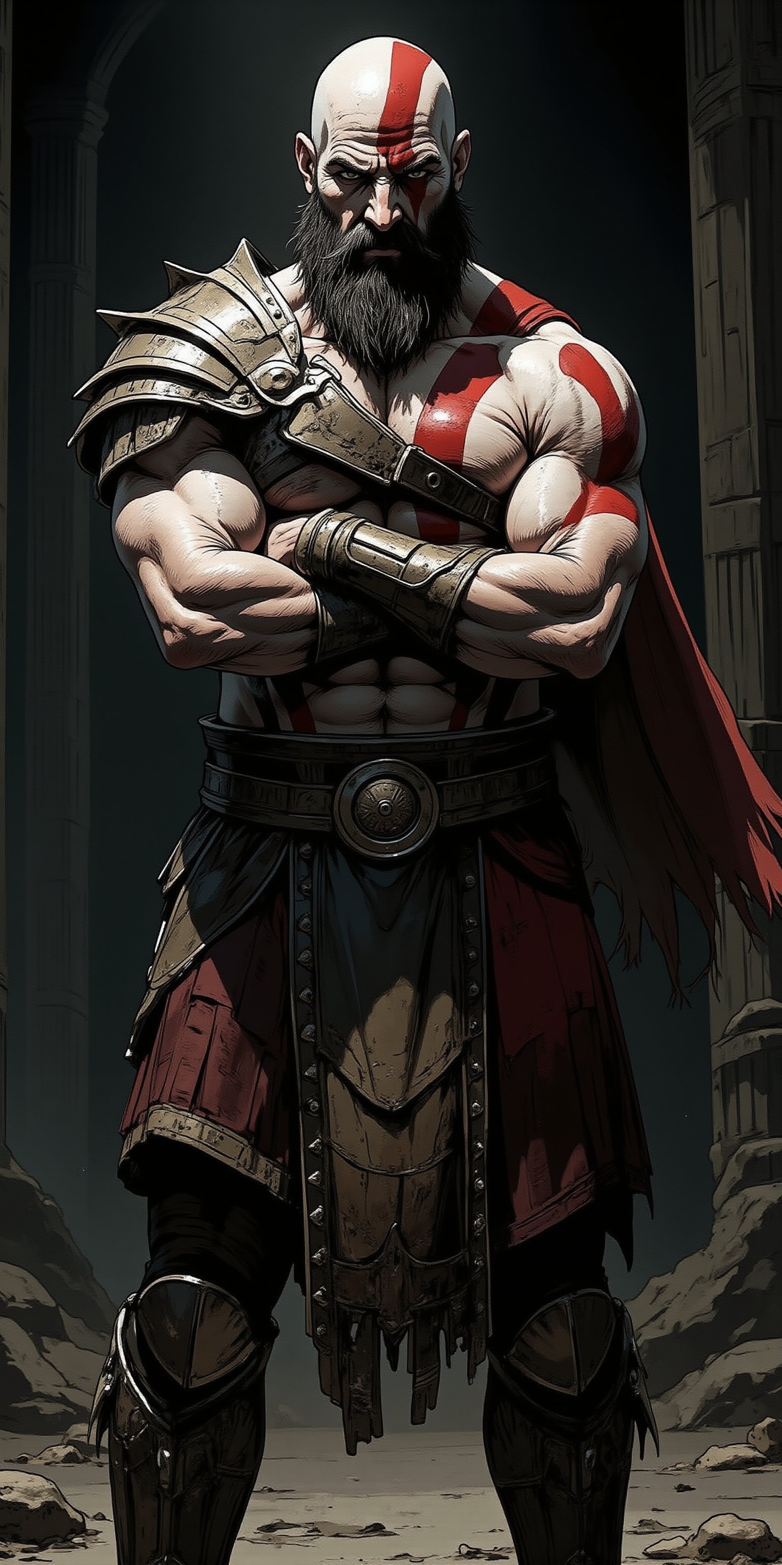 A hyper-realistic cinematic photograph of Kratos from God of War, standing firmly with his arms crossed. He is dressed in armor and depicted in all his battle-worn glory. The background is a dark and gritty battlefield with dramatic lighting, casting sharp shadows and highlighting his muscles and armor. photography, shadows, raw photo, detailed, realistic, photograph, cinema quality