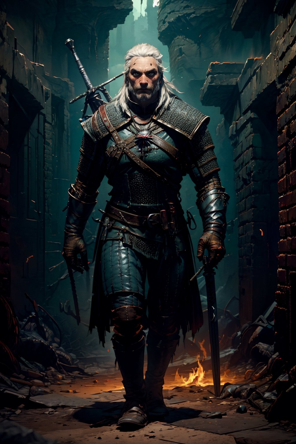 Masterpiece, beautiful details, perfect focus, uniform 8K wallpaper, high resolution, exquisite texture in every detail, The witcher walks through a foggy dark brick hallway, which is sparsely lit with torches hanging in holders on the wall, with his left hand he has drawn his silver sword and points it to the ground, the steel sword is in the sheath on his back,  a grim expression on his face, his medallion hangs visibly around his neck, his cat eyes glow slightly red through the darkness, view from the front, full body, nodf_lora,  beard,  yellow eyes,  armor,  chainmail ,