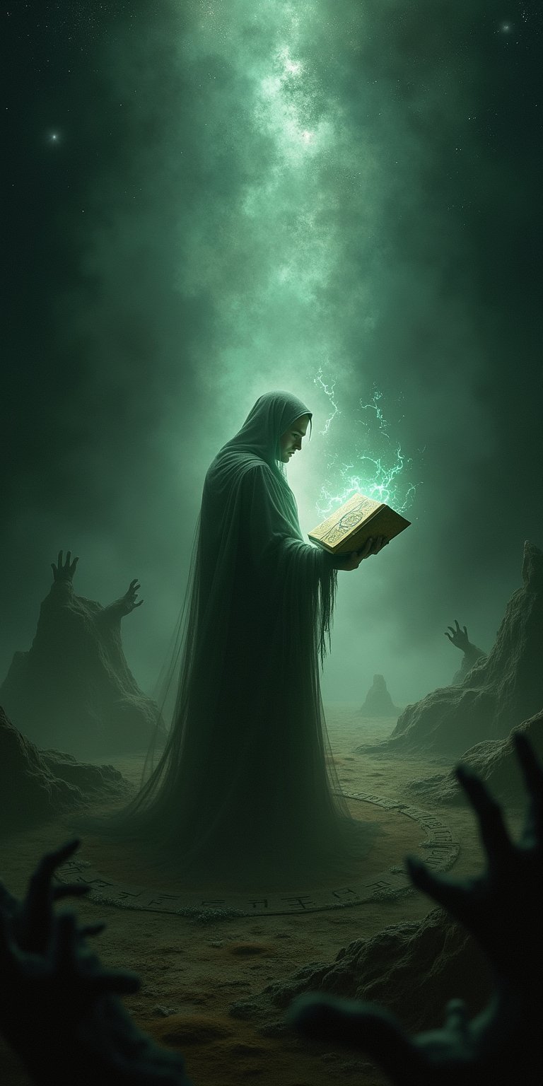 A lone figure bathed in the faint glow of an ethereal light, surrounded by a void of darkness. The scene is filled with occult imagery: ancient runes carved into the ground, spectral hands reaching out from the shadows, and distant, faintly glowing stars. The figure holds an ancient tome, with dark energy swirling around it, symbolizing the forbidden knowledge within.