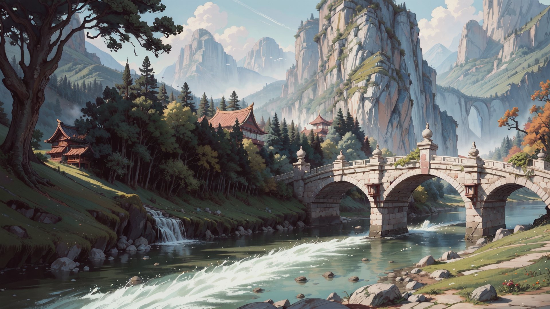 (masterpiece, best quality, highres, ultra detailed, detailed background:1.2),Disney style,64k, ultra-detailed, ultra-accurate detail, bokeh lighting, near perfect, dynamic, highly detailed,pure background,Chinese landscape painting style, small bridge, flowing water,pastelbg