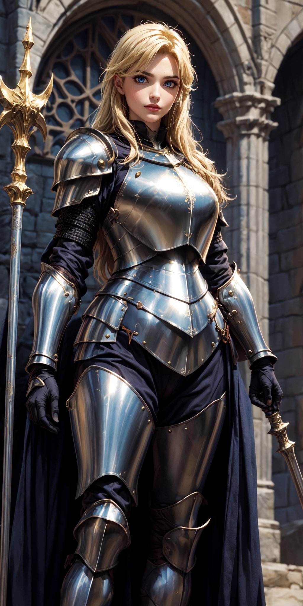 Masterpiece, beautiful details, perfect focus, uniform 8K woman 24 years old, french, paladin, ((((fully covered in form fitting steel platearmor)))), golden decorations, flowing silk armor, leather body suit under armor, blonde hair, ((scarred left eye)), She is holding a spear, (((dark medival fantasy artstyle))), full body, nodf_lora,Real,insertNameHere