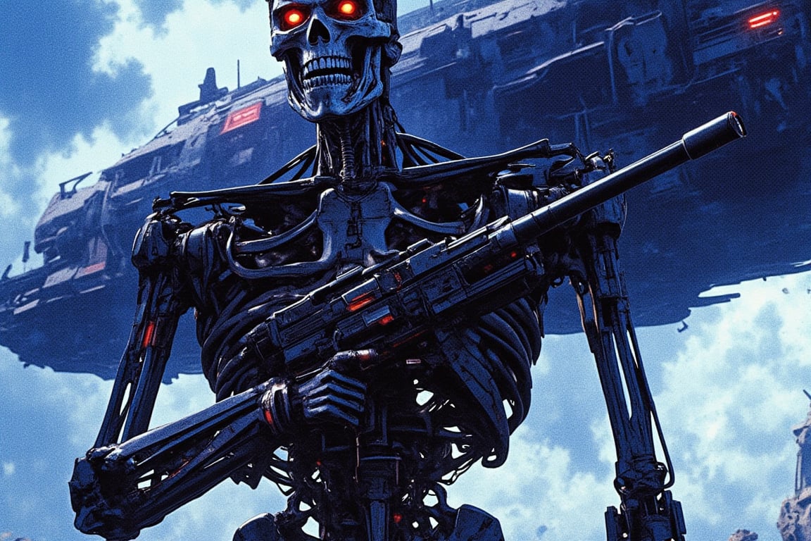 A menacing Terminator, its metallic body scarred and exposed, towers over a desolate wasteland. Dark clouds shroud the sky, casting an ominous shadow from the massive spaceship looming behind. Cool blue lighting accentuates the cyborg's skeletal face, with glowing red eyes, as it prepares to unleash destruction with its minigun. The atmosphere is one of fear, despair, and apocalyptic dread.