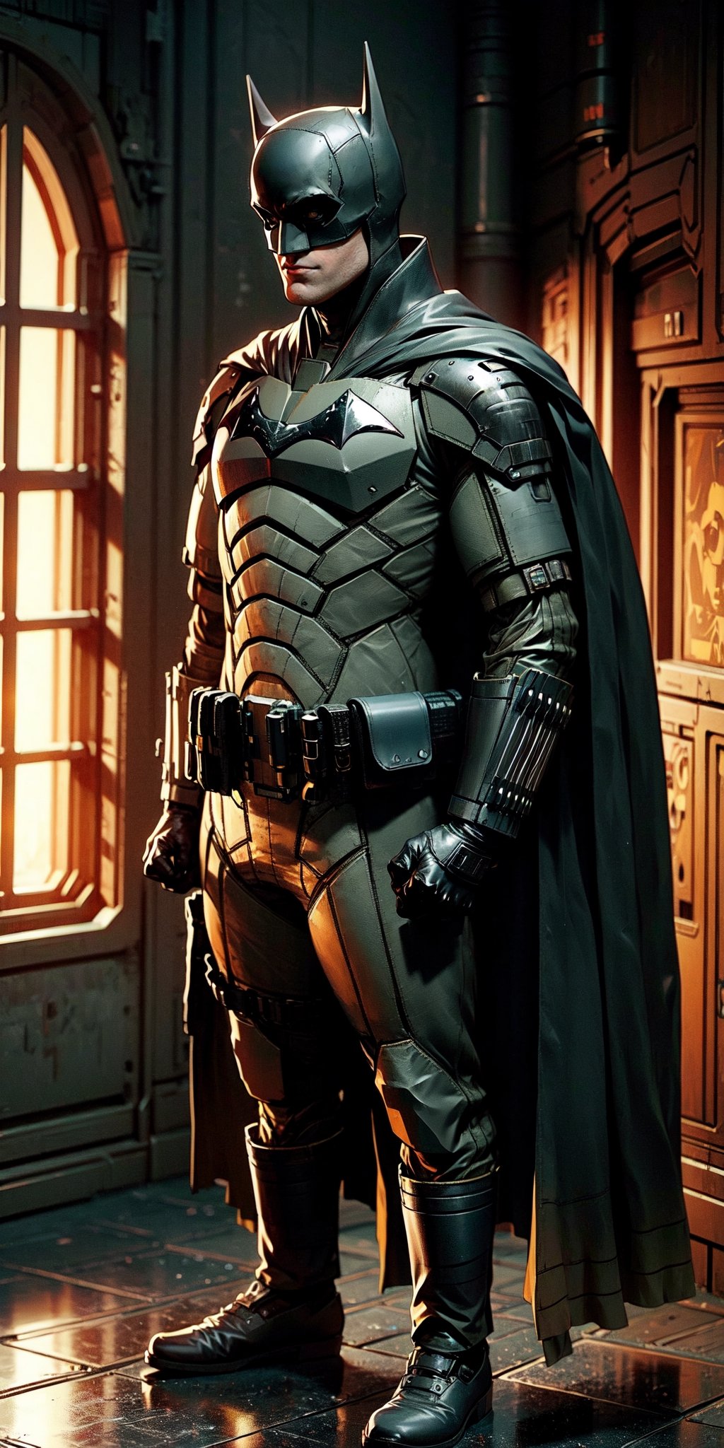 batman, classic costume,man with batman costume mask and cape,Futuristic room