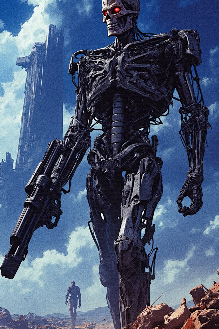 A menacing Terminator, its metallic body scarred and exposed, towers over a desolate wasteland. Dark clouds shroud the sky, casting an ominous shadow from the massive spaceship looming behind. Cool blue lighting accentuates the cyborg's skeletal face, with glowing red eyes, as it prepares to unleash destruction with its minigun. The atmosphere is one of fear, despair, and apocalyptic dread.