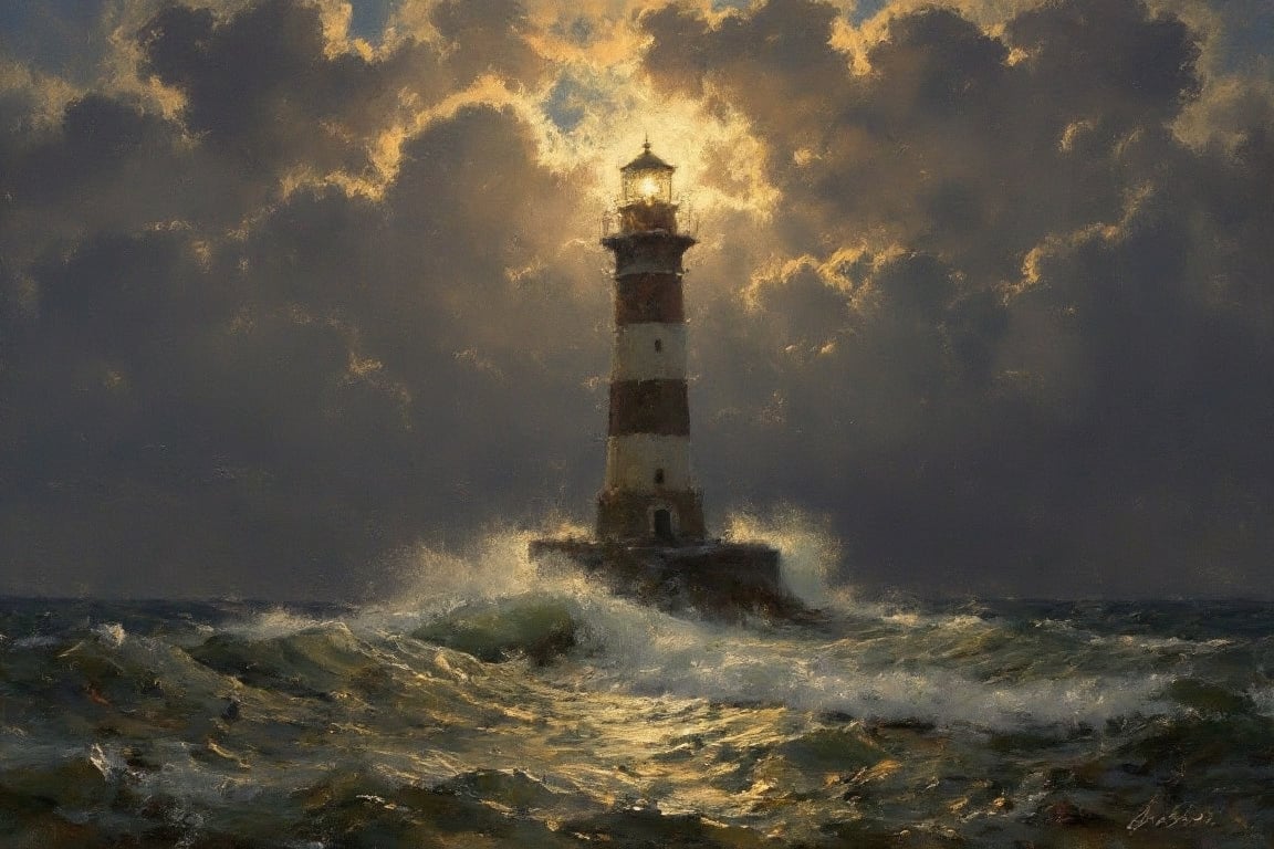 Majestic Lighthouse Amidst a Tempestuous Sea: A towering lighthouse stands tall and defiant against the darkened stormy skies, painted in deep, swirling strokes of oil, while waves crash violently at its base. Golden light radiates from the top, piercing through the chaos of the sea and sky. The play of light and shadow creates an ethereal glow, capturing the essence of struggle and resilience in a tumultuous landscape.oilpainting