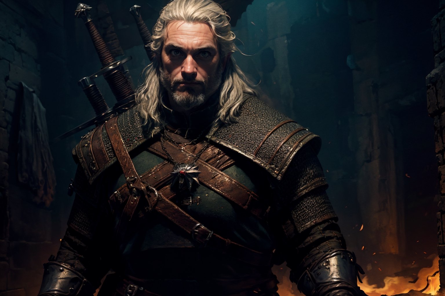 Masterpiece, beautiful details, perfect focus, uniform 8K wallpaper, high resolution, exquisite texture in every detail, The witcher walks through a foggy dark brick hallway, which is sparsely lit with torches hanging in holders on the wall, with his left hand he has drawn his silver sword and points it to the ground, the steel sword is in the sheath on his back,  a grim expression on his face, his medallion hangs visibly around his neck, his cat eyes glow slightly red through the darkness, view from the front, full body, nodf_lora,  beard,  yellow eyes,  armor,  chainmail ,