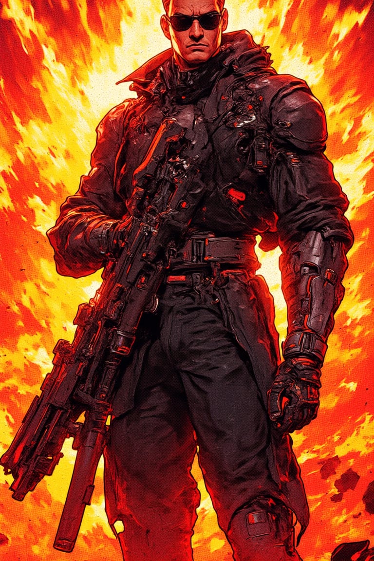 Create a stunning illustration of a futuristic cyborg standing heroically amidst a backdrop of intense flames and debris. The cyborg's muscular physique is accentuated by his sleek black leather jacket and cybernetic right arm, featuring intricate metal components and red glowing lights. His stern expression is framed by dark sunglasses, exuding a cold calculation. In one hand, he holds a massive futuristic firearm with complex mechanics and a scope, radiating power and combat readiness. The fiery explosion behind him rises to engulf the background in vibrant orange and red hues, conveying a sense of urgency and danger. The entire composition bursts forth in a bold, graphic-novel style, featuring sharp contrasts and vivid colors.