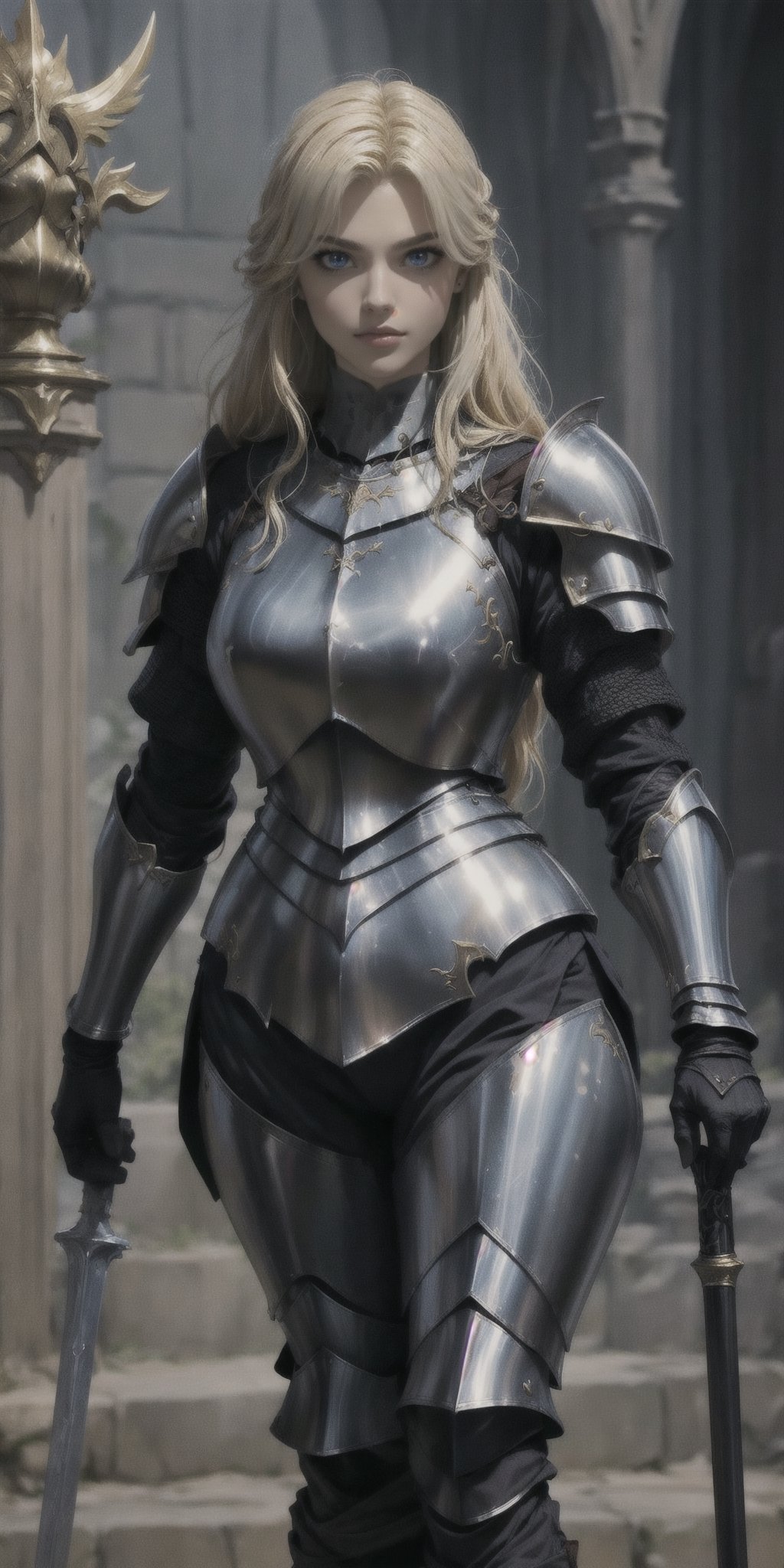 Masterpiece, beautiful details, perfect focus, uniform 8K woman 24 years old, french, paladin, ((((fully covered in form fitting steel platearmor)))), golden decorations, flowing silk armor, leather body suit under armor, blonde hair, ((scarred left eye)), She is holding a spear, (((dark medival fantasy artstyle))), full body, nodf_lora,Real,insertNameHere