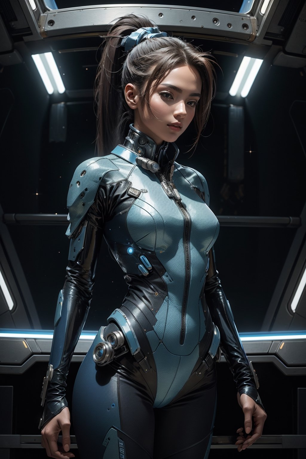 Masterpiece, high quality, ultra resolution, hyperresolution, highres
cowboy shot of woman, ponytail, blue bodysuit, space war, spaceship background, mechainjectionKA