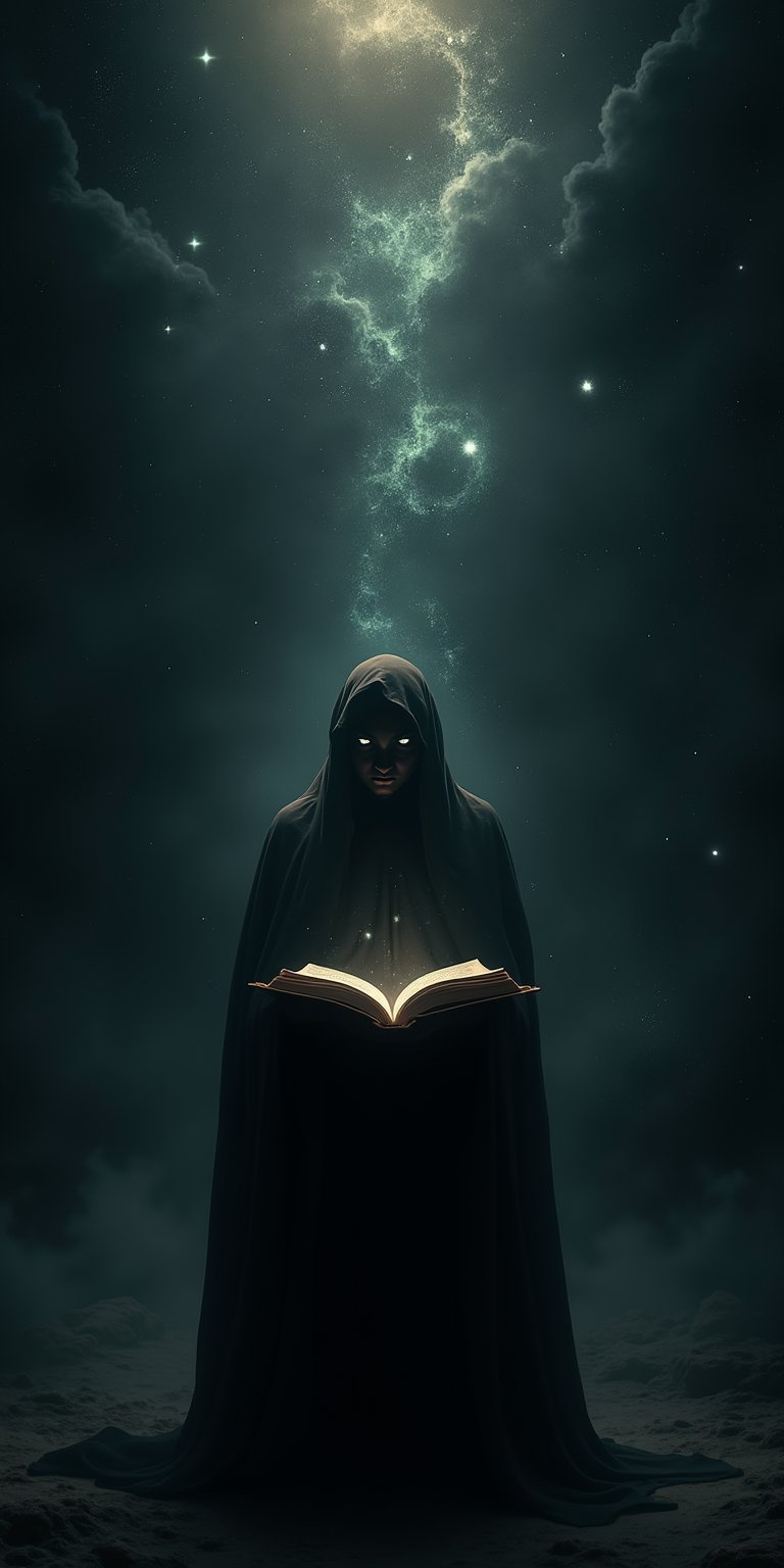 In a profound, cosmic expanse, a dark void dominates the scene, with swirling shadows and ethereal symbols glowing softly within. A mysterious figure, shrouded in darkness, stands at the center, grasping an ancient tome whose pages are comprised of shifting light and shadow. The figure's face remains obscured, yet their eyes emit a gentle luminescence, as if reflecting the secrets of the universe. In the background, faint apparitions of bygone eras materialize from the void's depths, surrounded by nebulae and distant stars that seem to echo through eternity.