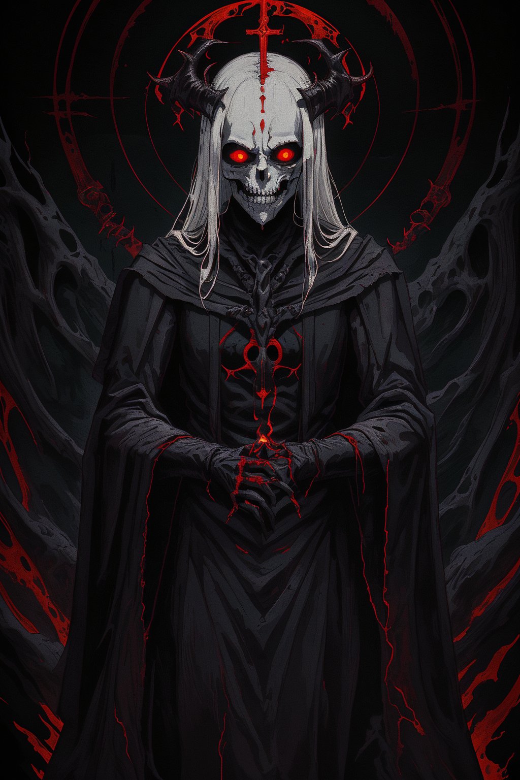 A Gothic fashion-inspired cult priest,skull Head Demon,
 with a horror twist exudes an aura of dark elegance and sinister mystique. Cloaked in flowing robes adorned with occult symbols, his attire hints at forbidden rituals and arcane knowledge With pale,skll,nodf_lora, leviathan cross  on clothes, red glowing eyes, 