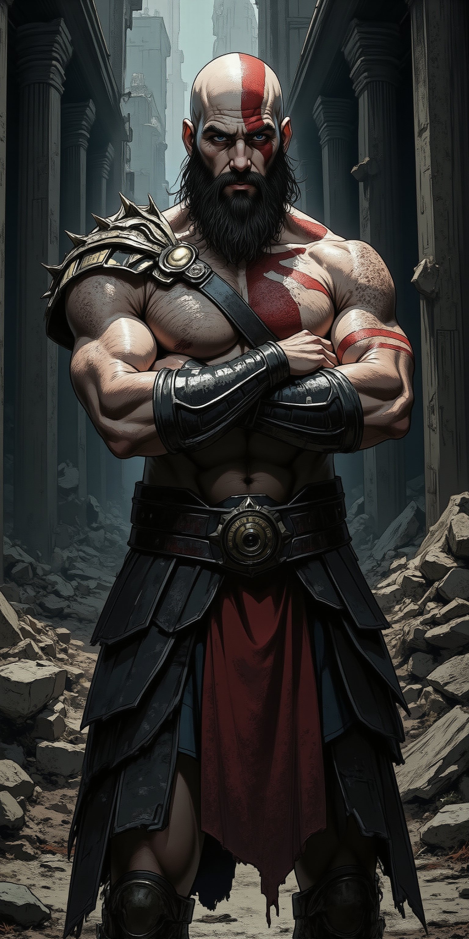 Kratos stands firm, arms crossed, amidst a war-torn landscape of darkened rubble and shattered remains. The camera captures every detail of his battle-worn armor, as dramatic lighting casts sharp shadows across his chiseled features. Muscles ripple beneath the surface, a testament to his unyielding strength. The raw, cinematic photograph freezes time, evoking a sense of gritty realism.