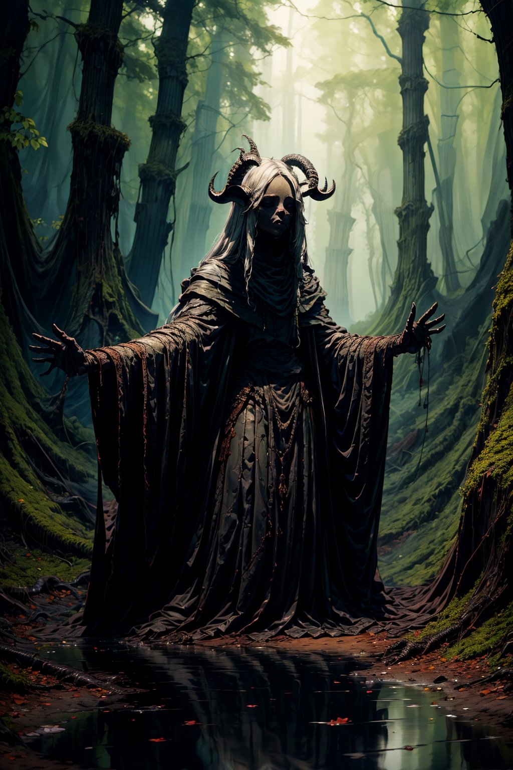 Masterpiece, beautiful details, perfect focus, uniform 8K wallpaper, high resolution, exquisite texture in every detail, a medieval witch, dressed in a heavy shroud, casting unholy spells deep in the forests of the Harz mountains. With outstretched arms, she conjures a black goat and a writhing serpent from the wet clay beneath her, nodf_lora