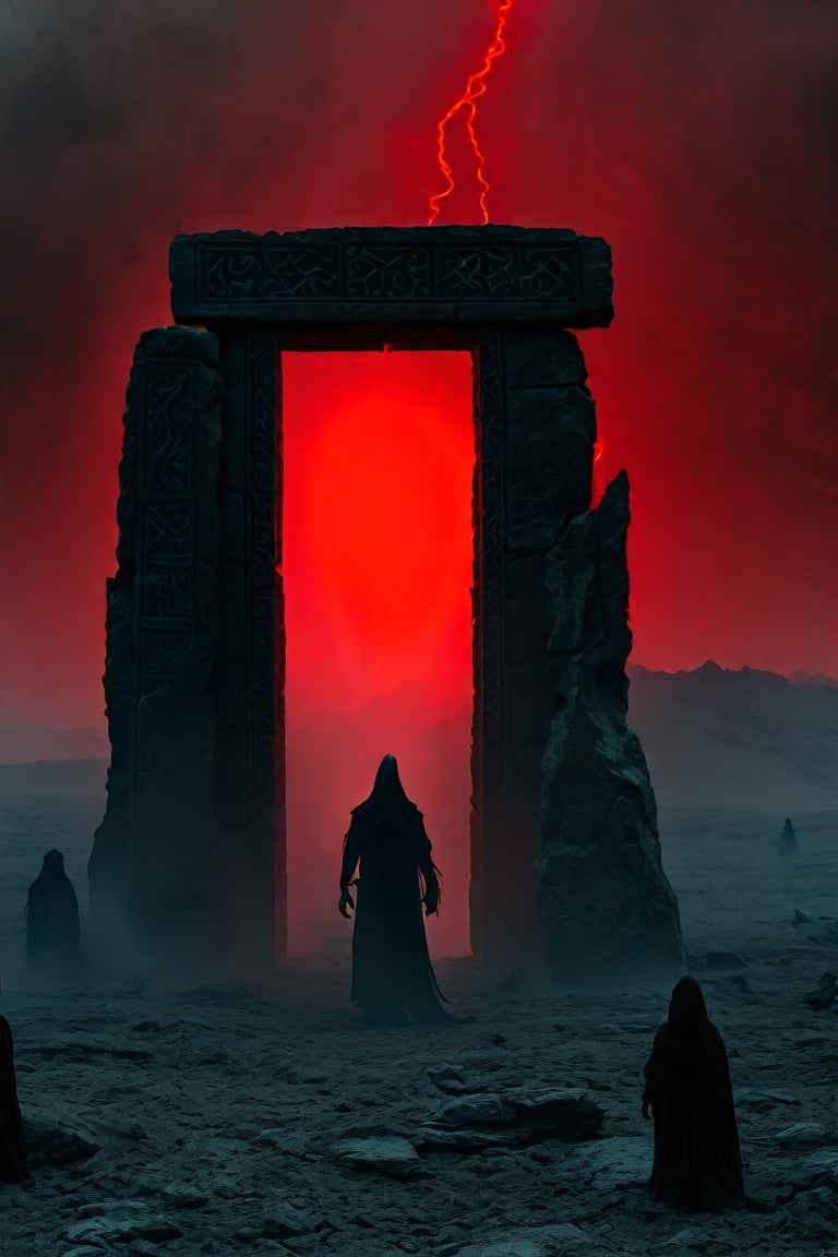 In a desolate landscape bathed in a blood-red sky's ominous glow, a lone figure stands before an ancient stone gate inscribed with ethereal runes that pulse with otherworldly light. The gate's massive stones creak open, revealing a void shrouded in swirling mists that seem to writhe and twist like living darkness. As the figure extends their hand towards the abyssal gateway, shadowy silhouettes lurk in the background, their faces obscured by dark hoods, watching with an unnerving silence as the scene unfolds.