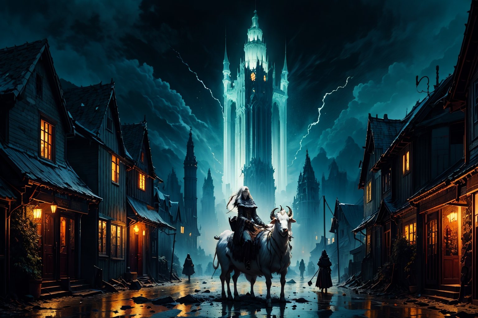 Masterpiece, beautiful details, perfect focus, uniform 8K wallpaper, high resolution, exquisite texture in every detail, a giant white goat, painted with bloody symbols and towering over a medieval German village. Upon its back, a witch and a skeleton ride through the night, illuminated by shards of light from a single flickering candle, nodf_lora