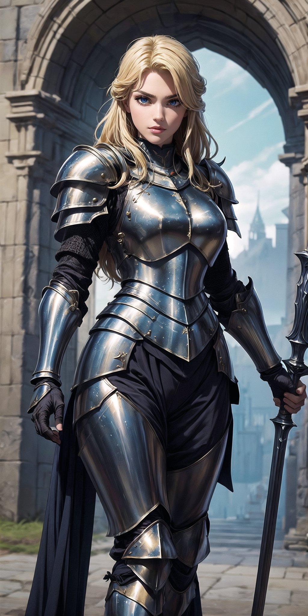 Masterpiece, beautiful details, perfect focus, uniform 8K woman 24 years old, french, paladin, ((((fully covered in form fitting steel platearmor)))), golden decorations, flowing silk armor, leather body suit under armor, blonde hair, ((scarred left eye)), She is holding a spear, (((dark medival fantasy artstyle))), full body, nodf_lora,Real,insertNameHere