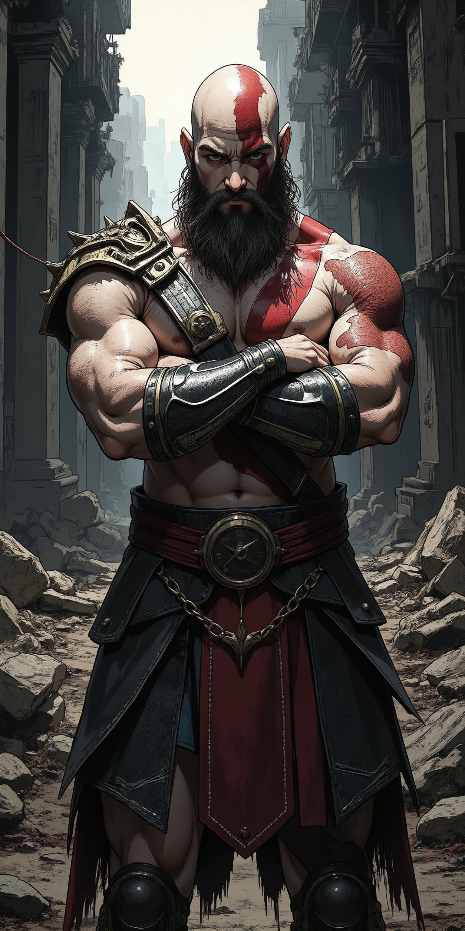 Kratos stands defiantly against the ravaged battleground, arms crossed in a testament to unyielding resolve. The camera captures his battle-hardened visage in stark relief, as if frozen in the midst of combat. A blaze of light casts dramatic shadows across the dark terrain, accentuating every rivet and muscle groove on Kratos' armor-plated physique.