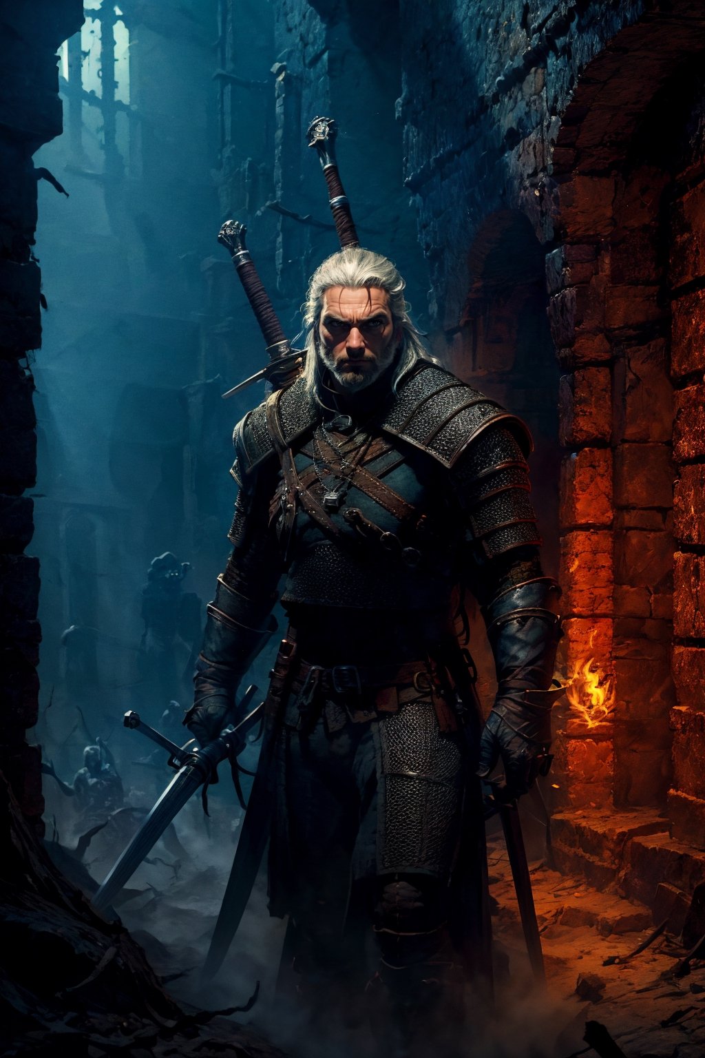 Masterpiece, beautiful details, perfect focus, uniform 8K wallpaper, high resolution, exquisite texture in every detail, The witcher walks through a foggy dark brick hallway, which is sparsely lit with torches hanging in holders on the wall, with his left hand he has drawn his silver sword and points it to the ground, the steel sword is in the sheath on his back,  a grim expression on his face, his medallion hangs visibly around his neck, his cat eyes glow slightly red through the darkness, view from the front, full body, nodf_lora,  beard,  yellow eyes,  armor,  chainmail ,