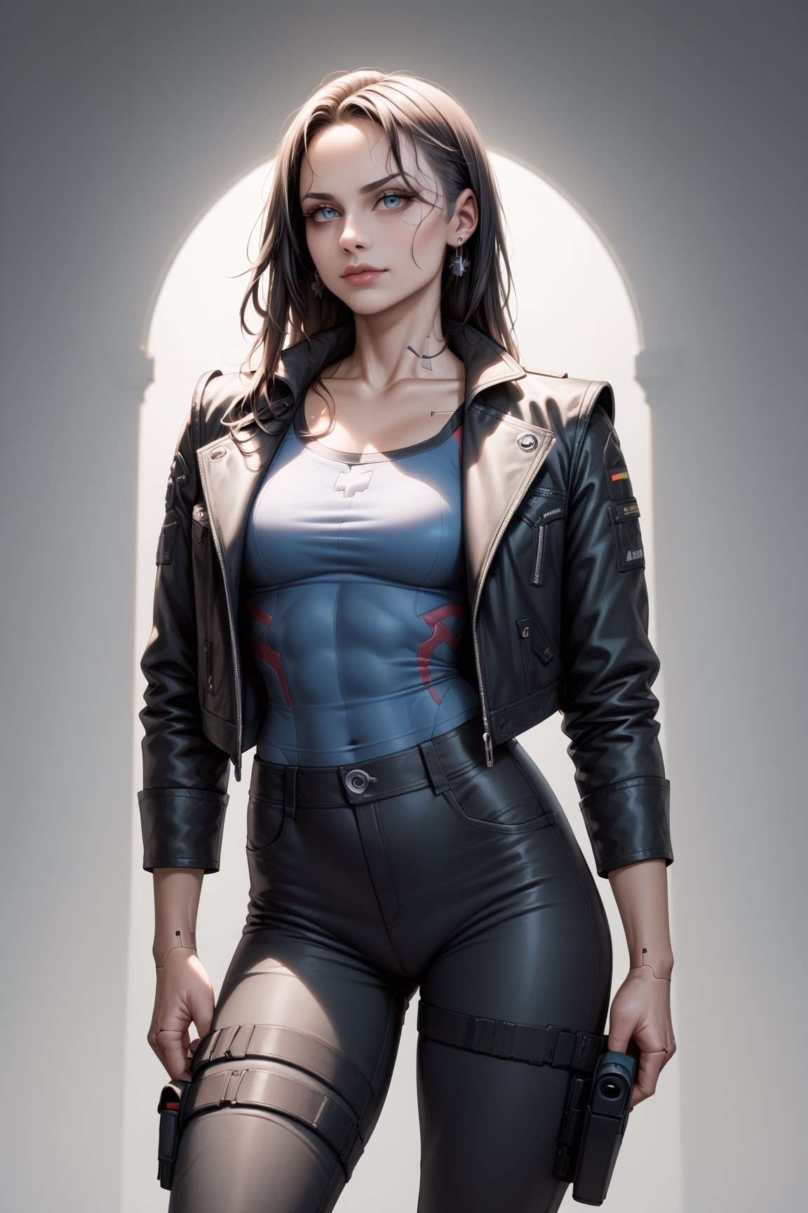 score_9, score_8_up, score_9_up, 
((nightwing)),woman,wide shot picture, earrings, sharp cheekbones,(worn leather jacket), (((one_leg pants))),(( holster)),(((cyberpunk setting))),masterpiece, extremely detailed, flawless picture,