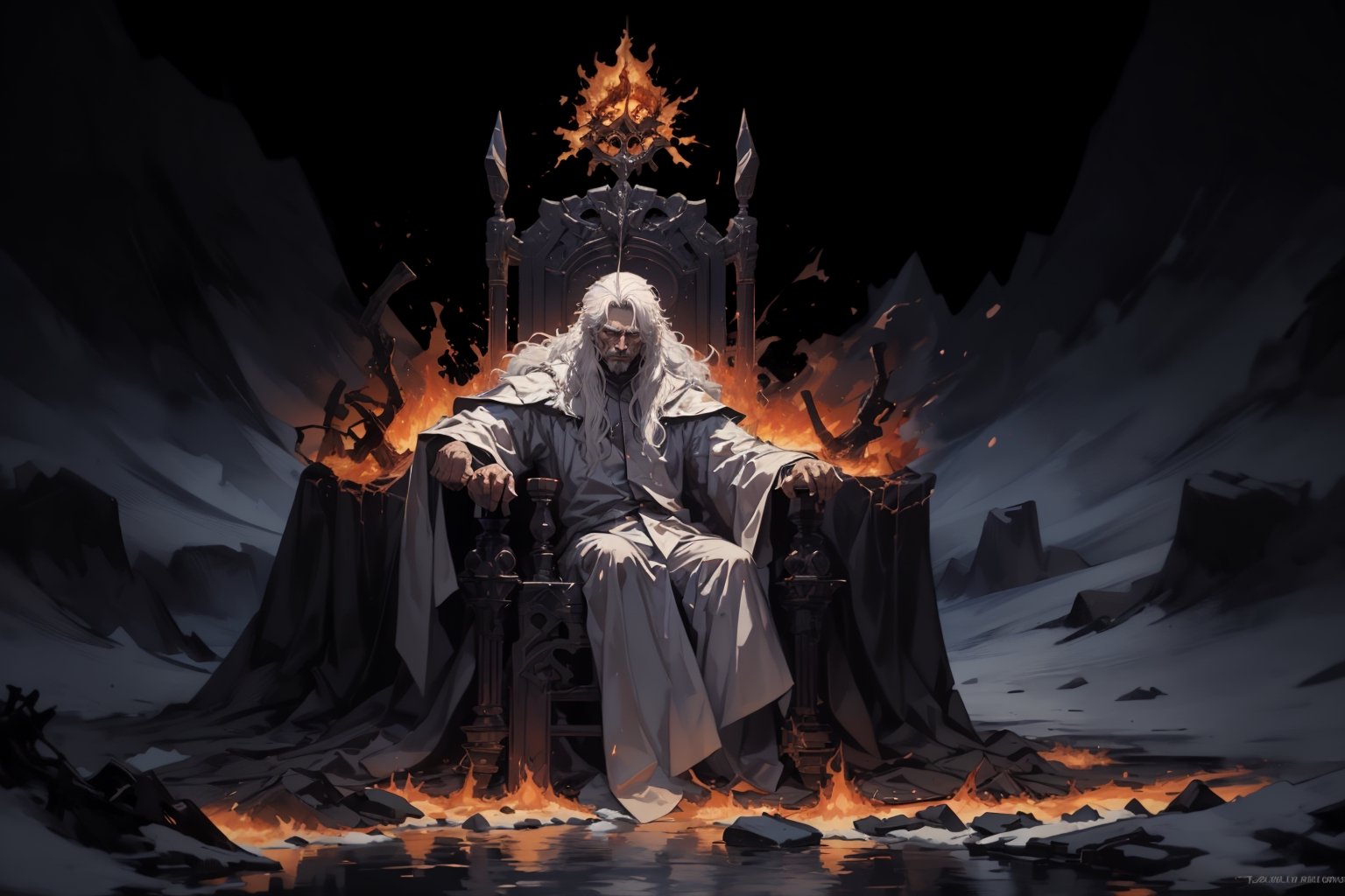 His robes were white as snow, his hair was white like wool. His throne was flaming with fire, its wheels blazing. A river of fire poured out of the throne, nodf_lora