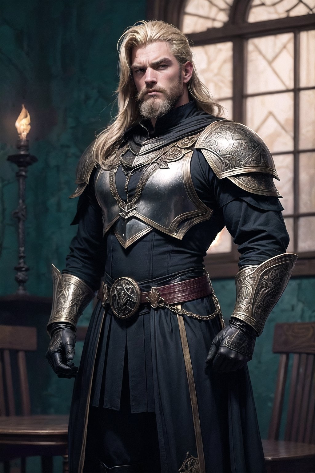 Who: Aldric Wolfenhaur, danish, a human paladin with a fair complexion, he is (((25 years old))).

Distance from camera: slightly elevated view from the front, capturing him in a commanding stance, full body.

Position: front facing,one foot slightly forward, as if in mid-stride. His sword is held loosely in one hand, the tip resting on the ground, while his other hand is raised in a calming gesture.

Details on the head: His ((tousled locks of blonde hair)), a full well-maintained beard adorns his jawline, adding to his commanding presence.

Human figure and its details: his muscular frame evidence of countless battles. His bearing is regal, his presence demanding respect.

Clothing and accessories:Clad in full layered plate armor of darkest steel,(((chestplate with multiple layers of overlapping plates))), Each layer is adorned with its own unique patterns, adding complexity to the overall design, engraved with (((celestial symbols and dark runes))), A cloak of deepest charcoal goes over his shoulders, adding an air of mystery to his ensemble, with leather gloves.

Location: he stands in is dimly lit room, with flickering torches casting dancing shadows along the stone walls. Heavy tapestries depicting ancient battles hang from iron rods, their colors faded with time. A large wooden table dominates the center of the room, strewn with maps and parchment scrolls. Dust motes float lazily in the air, catching the soft light that filters through narrow windows set high in the walls

Type of lighting: Soft and diffused, casting gentle highlights upon Aldric's features, emphasizing the determination in his eyes and the strength in his stance.

Style: dark fantasy, gothic, ((((best artpiece ever))))