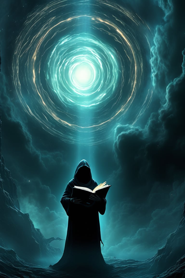 "A mysterious, hooded figure standing at the edge of a vast abyss, gazing into a swirling vortex of darkness and starlight. The sky is filled with dark clouds, and faint, ghostly silhouettes circle above. The figure holds a glowing book, with eerie symbols floating from its pages, as shadowy tendrils reach out from the void below