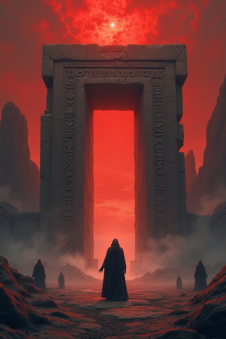 A desolate landscape beneath a blood-red sky, where a figure clad in dark robes stands before a massive, ancient stone gate inscribed with glowing runes. The gate opens into a void filled with swirling mists, and the figure extends their hand towards it, while shadowy figures linger in the background, watching silently