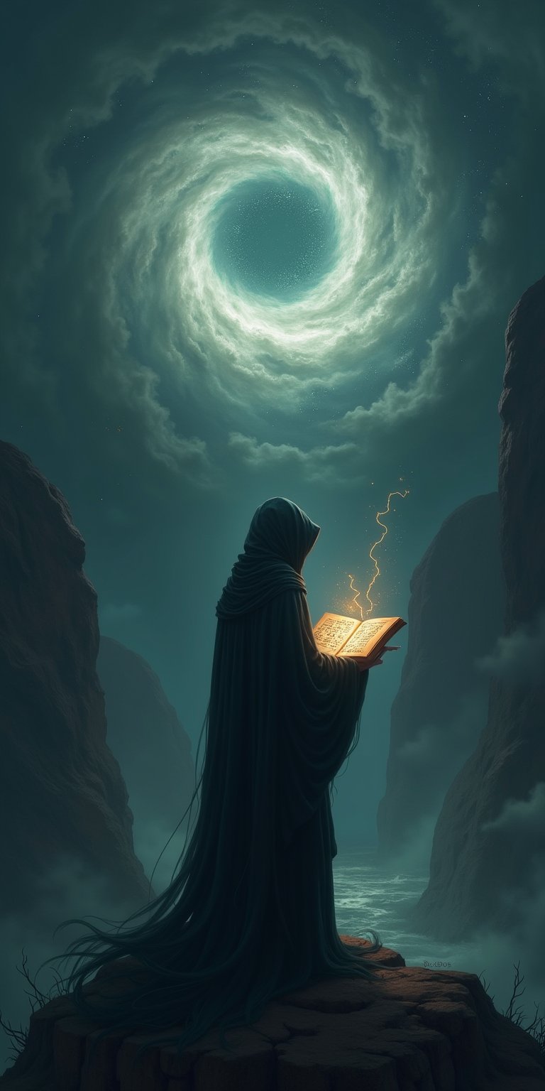 "A mysterious, hooded figure standing at the edge of a vast abyss, gazing into a swirling vortex of darkness and starlight. The sky is filled with dark clouds, and faint, ghostly silhouettes circle above. The figure holds a glowing book, with eerie symbols floating from its pages, as shadowy tendrils reach out from the void below