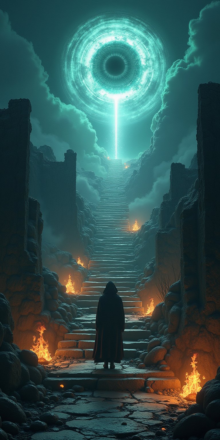 A lone figure ascends a crumbling stone staircase that leads to a colossal eye in the sky, representing the unknown. Serpents coil around the steps, while ethereal flames light the way. The scene is suffused with an eerie glow as arcane symbols pulse with power in the shadows.