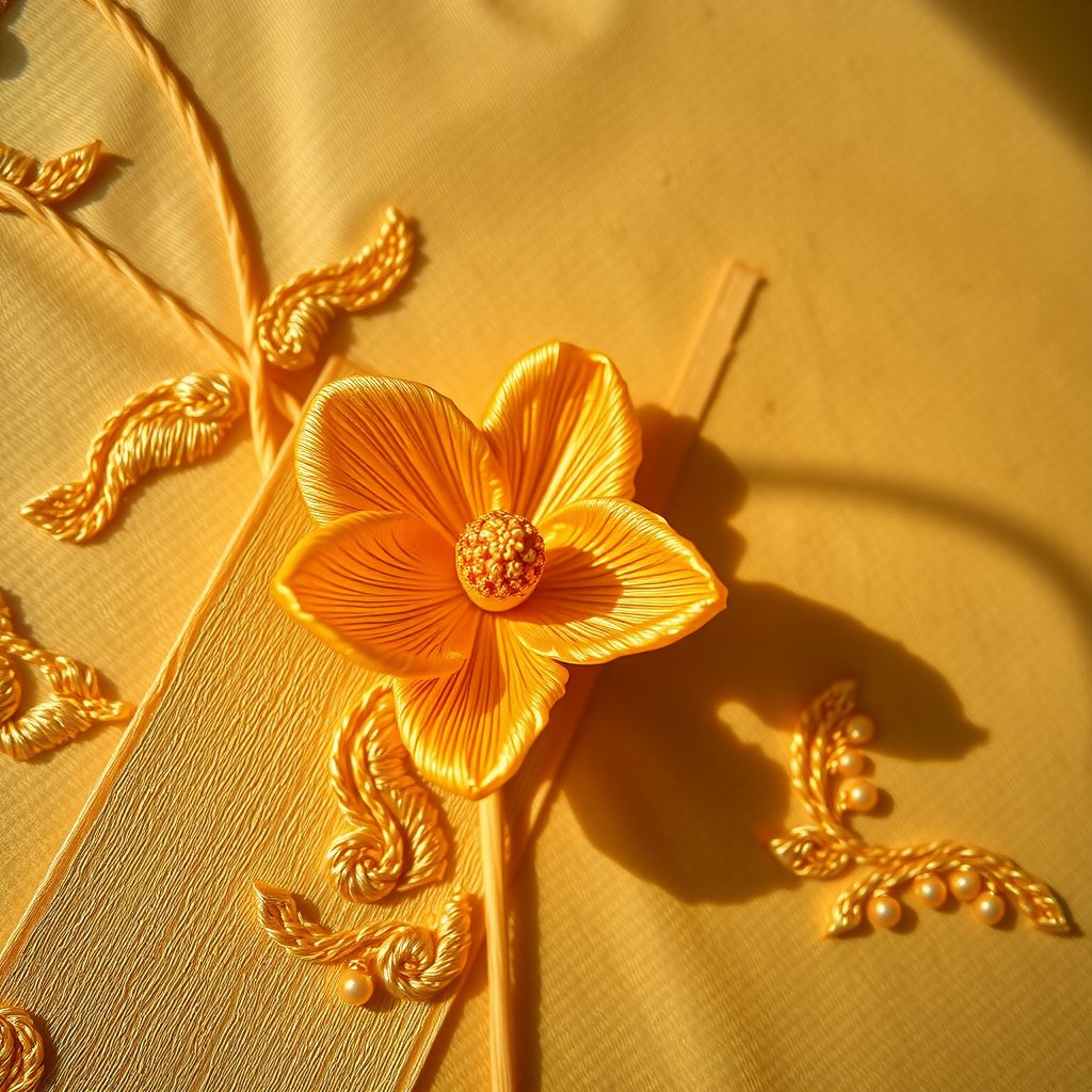 A delicate golden flower embroidered on a intricately designed silk fabric, set against a warm beige background. The petals unfurl like a tender whisper, as soft lighting casts a gentle glow. The stitching is meticulous, with threads woven together in a harmonious dance. The overall composition is serene, inviting the viewer to pause and admire the tiny masterpiece.