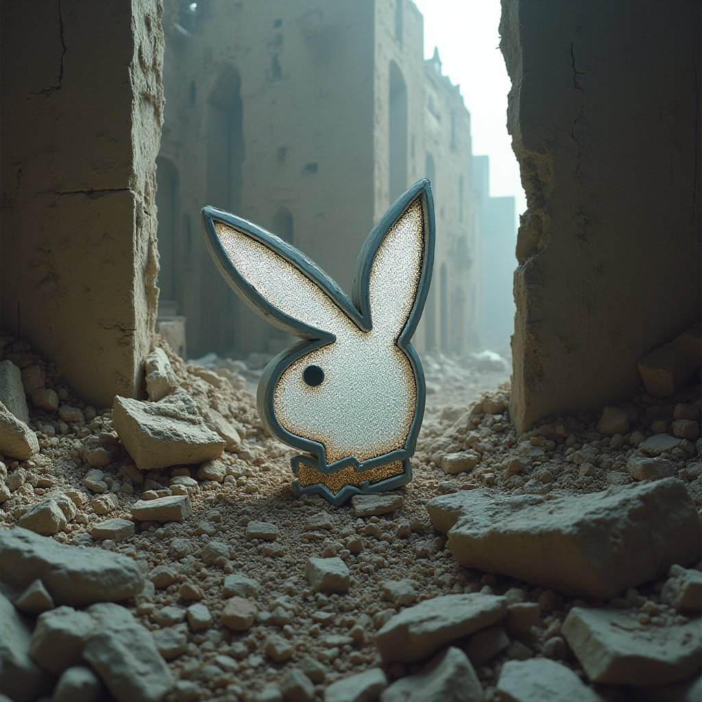 A dramatic shot of the iconic Playboy logo lying shattered amidst the rubble of a crumbling building, with debris and dust swirling around it. The once-sturdy structure now teeters precariously, its walls cracked and fissured, as if the very fabric of reality is unraveling. In the foreground, the logo's gleaming bunny silhouette is all that remains intact, a stark reminder of the chaos that has unfolded. At the bottom of the frame, in bold, black letters: Climate change is a hoax.