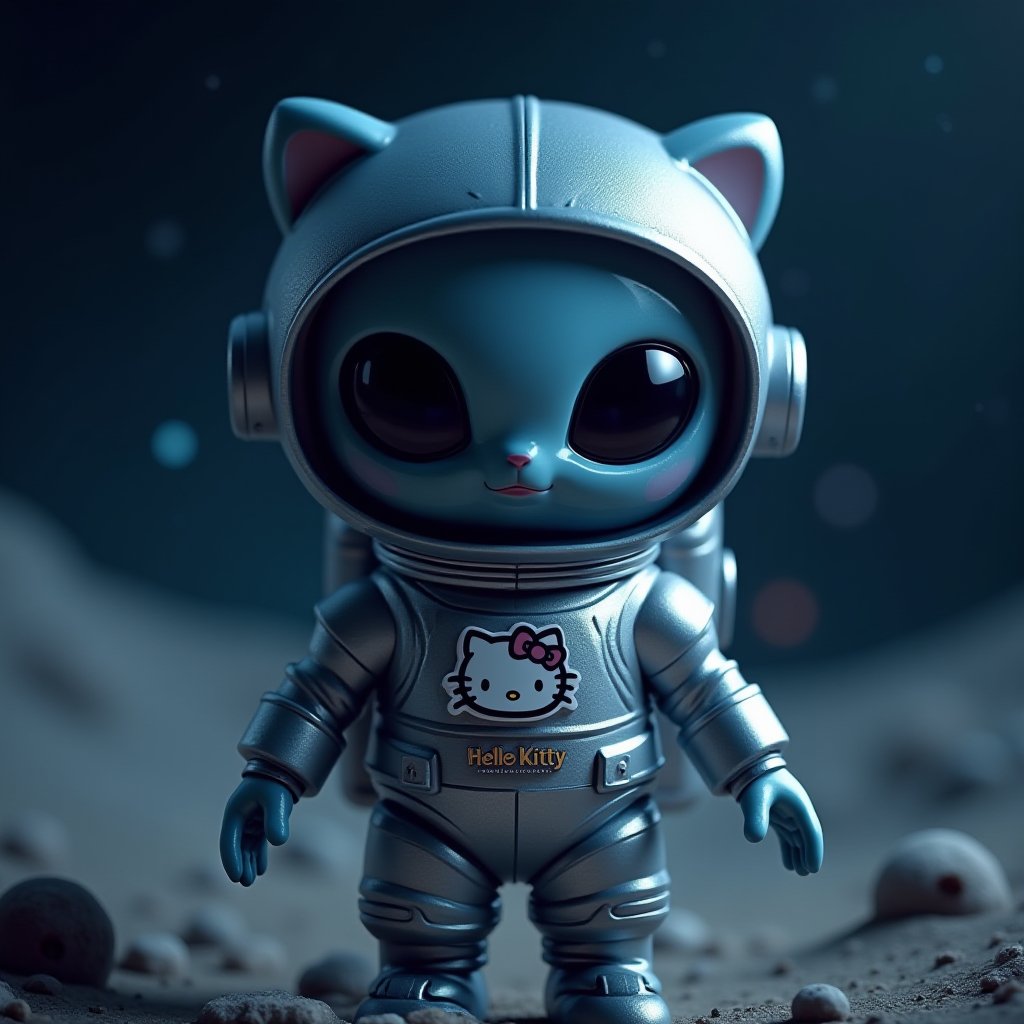 A futuristic, dark blue-hued alien donning a sleek silver spacesuit, adorned with miniature Hello Kitty logos, emerges from the depths of outer space. The extraterrestrial's large, round eyes and endearing smile are framed by the vastness of stars and planets in the background. Soft, warm lighting illuminates the scene, highlighting the textured surface of the alien's suit.