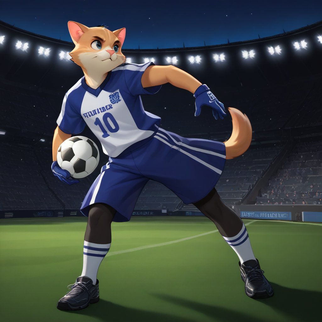 2 munchin cats, are playing football, stadium at night, soccer outfit, source_furry, score_9, score_8_up, best quality, source_anime